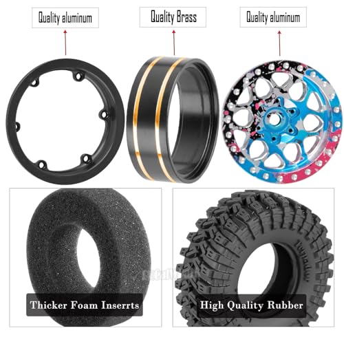 RC 1.3 Beadlock Wheels and Tires for 1/18 TRX4M 1/24 SCX24 FCX24 RC Crawler Car,4pcs RC 1.3 in Brass Rims & Aluminum Beadlock Wheels Rims and Tires,Colour - color: Colour - (4pcs 1.3 Tires)