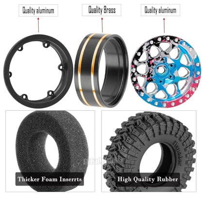 RC 1.3 Beadlock Wheels and Tires for 1/18 TRX4M 1/24 SCX24 FCX24 RC Crawler Car,4pcs RC 1.3 in Brass Rims & Aluminum Beadlock Wheels Rims and Tires,Colour - color: Colour - (4pcs 1.3 Tires)