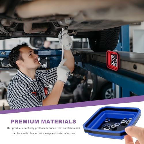 Collapsible Magnetic Parts Tray, 4.5" Square Silicone Metal Parts Organizer Double-Sided Magnet Bowl, Foldable Magnetic Tool Trays for Screws Bolts Nuts Washers Pins (Blue) - color: Blue