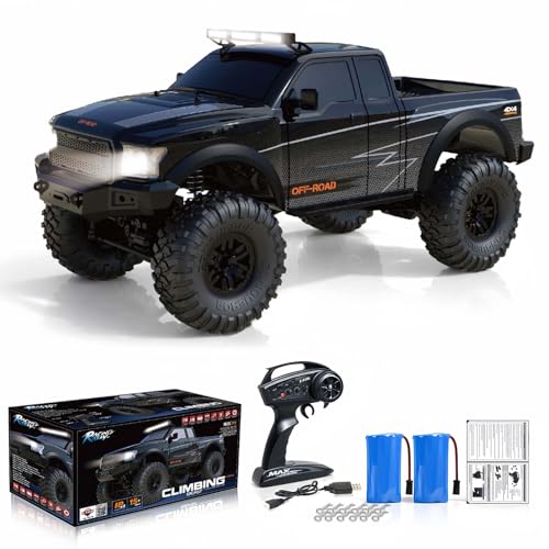 RC Cars RC Crawler 1/10 Scale RTR Remote Control Car 4WD 2.4GHz Brushed Offroad Racing Hobby Grade Model Vehicle with LED Lights 2Pcs Battery Toy for Kids and Adults - color: E-black