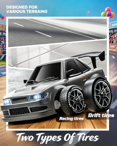 RC Drift Car, 1/24 Remote Control Drift Car for Adults Kids, 4WD 20KM/H High Speed RC Sports Cars with LED Lights, Extra Racing Tires, Vehicle for Boys Beginners Indoor Outdoor, Silver Grey