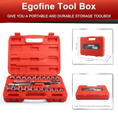 Egofine 1/2" Drive Socket Set, 23 Piece Standard SAE (7/16 to 1 inch) and Metric (13-19, 21, 22, 24mm) 6 Point, with Quick Release Ratchet, Extension Bars, Drive Drill Adapter - style: 1/2" 23 PCS with 45 Teeth Ratchet