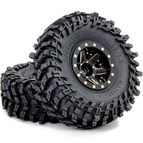 64mm Tall Soft Sticky 1.0 Tires Tyres and Brass 1.0 beadlock Wheels Rims, Adjustable Negative Offset 1.0 Wheels Tires for RC Mud Crawler 1/24 SCX24 1/18 TRX4M - color: Black