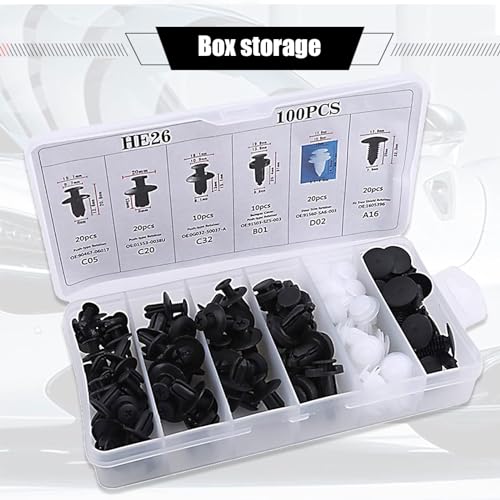 100 PCS Car Bumper Retainer Clips, Rivet Clip with Removal Tool, Fasteners Replacements, Push-in Vehicle Parts, Automotive Repair Kit, Universal for Most Cars, Trucks, SUVs (Multicolored)