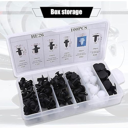 100 PCS Car Bumper Retainer Clips, Rivet Clip with Removal Tool, Fasteners Replacements, Push-in Vehicle Parts, Automotive Repair Kit, Universal for Most Cars, Trucks, SUVs (Multicolored)