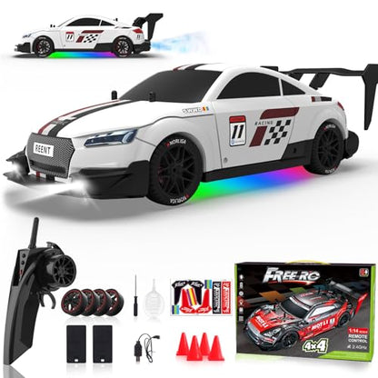 RC Drift Car 1/16 Scale 2.4Ghz 4WD Remote Control Car With Spray & Led Lights, 30+KM/H High Speed RC Drag Car, Racing Sport Toy Cars for Adults Boys Girls Kids Gift 2Pcs Rechargeable Battery - color: White