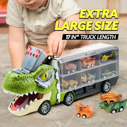 JOYIN 13 in 1 Dinosaur Toys for Kids 3-5, Transport Dinosaur Carrier Truck with 12 Pull Back Cars, Toddler Toys 3-4， Birthday Gifts for 3 4 5+ Year Old Boys - style: Tyrannosaurus Truck