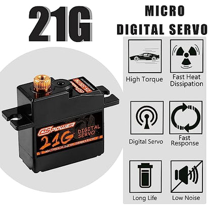 2PCS 21G Mini Digital Servo, Steering Gear Full Metal Gear Micro RC Servos Motor Kit with 25T Servo Horn for 1/18 1/16 1/14 RC Car Model Boat Fixed-Wing Helicopter Airplane Robot Toy