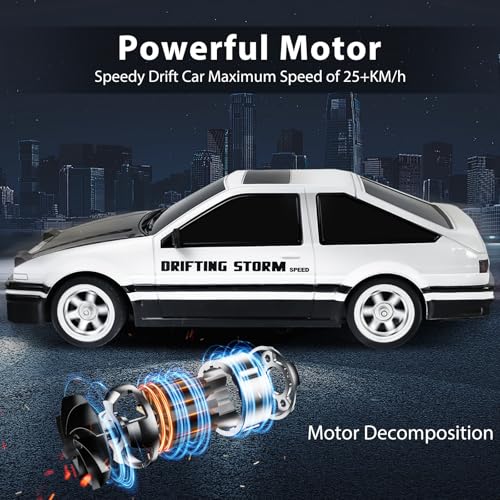 RC Drift Car 1/16 2.4GHz 4WD RTR Drift Car High Speed Remote Control Cars with LED Lights, Two Batteries and Drifting Tires Racing Toy Cars for Boys Kids Girls Adults, White