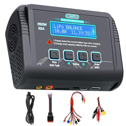 Lipo Battery Charger, 1-6S Balance Charger Discharge 150W 10A AC/DC for Li-Po Li-Hv Ion Fe NiMH NiCd Pb Hobby Batteries With Deans/Tamiya/JST/EC3/HiTec Connectors Cable Power Supply