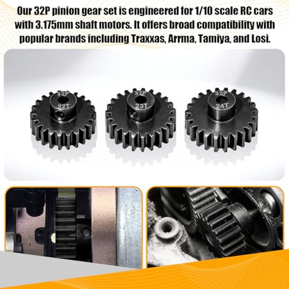 3PCS 32P Pinion Gear #45 Hardened Steel 3.175mm - 22T 23T 24T 0.8M Motor Pinion Gear Set for 1/10 RC Car, Compatible with Traxxas Arrma Tamiya Losi Brushless Brushed Motor Upgrade Parts - size: 22 23 24T