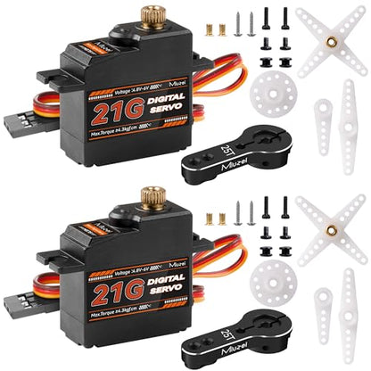 Micro Servo Motor 21G Metal Gear Steering for 1/16 1/14 RC Car 2Pcs | 4.3kg·cm Torque, 0.08sec/60°Speed. Mini Small Digital, 25T Horn, for Airplane Helicopter Plane Robot Boat Fixed-Wing.