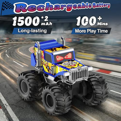 Amphibious Monster Truck Toy for Boy, 1:18 Remote Control Car with LED Eyes | 2.4 GHz Waterproof RC Cars, 360° Rotating, 4WD All Terrain RC Truck, Pool, Land, Outdoor Kids Toys, Boy Birthday Gift Ages 6+ - color: Blue/Yellow