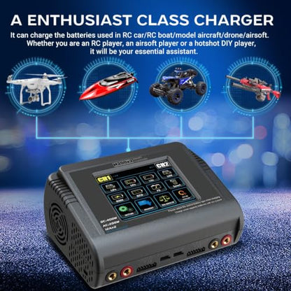 H200X2 Dual Lipo Battery Charger Touch Screen AC 200W / DC 400W 12A Smart Balance Charger for 1-6S LiPo Li-ion Life HV & 1-15S NiMH NiCd RC Car Drone Airplane Boat
