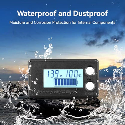 DROK Waterproof Battery Monitor 12V 24V 36V 48V 72V Battery Meter 8-100V, Capacity Tester LCD Display with White Backlight, Fit for Car Golf Cart RV Marine - color: White