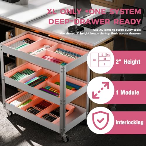 [6 PCS Extra-Large] Pink Drawer Organizer Trays with Non-Slip Pads, Interlocking Storage Bins for Vanity, Desk, Bathroom, Kitchen, Home Office and Utility Drawers - color: 6PCS PINK(XL)