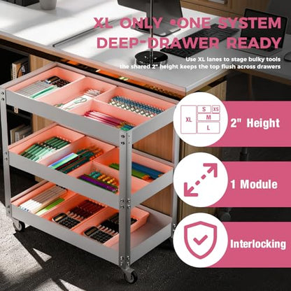 [6 PCS Extra-Large] Pink Drawer Organizer Trays with Non-Slip Pads, Interlocking Storage Bins for Vanity, Desk, Bathroom, Kitchen, Home Office and Utility Drawers - color: 6PCS PINK(XL)