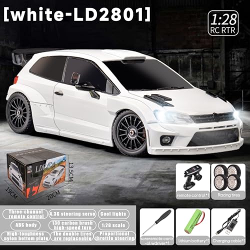 LD2801 Mini RC Drift Car 1/28 Scale RTR Remote Control 4WD Racing Cars with 4PCS Drift Tires and LED Searchlight for Hobby Gift (White) - color: White