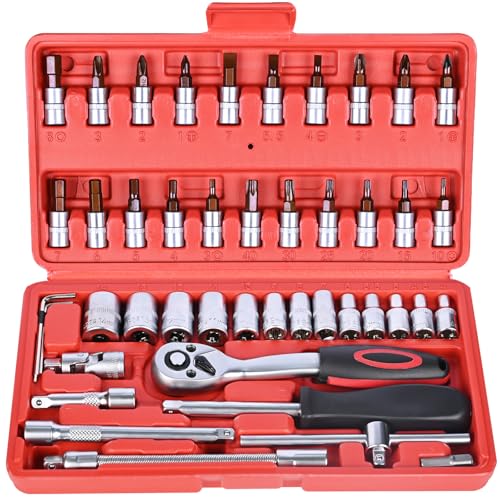 Egofine 46 Pieces 1/4 inch Drive Socket Ratchet Wrench Set Nickel Tool | Pearl nickel coating with 72-Teeth Ratchet Wrench S2 Bit Socket Set Suitable Auto Repairing and Household with Storage Case - style: 1/4" 46 PCS with 72 Teeth Ratchet