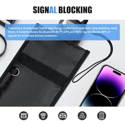 2 PCS Phone Faraday Bags, Key Fob Signal Shielding Pouch, Water & Fireproof RFID Blocking Bag for Phones, Car Keys, GPS Protection (Black)