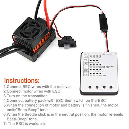 F540 4370KV Brushless Motor 4 Pole 9T 3.175mm Shaft with 60A ESC Electric Speed Controller and Programming Card Motor ESC Combo Set for 1/10 RC Car Flat Drifting Car 2S Lipo Battery