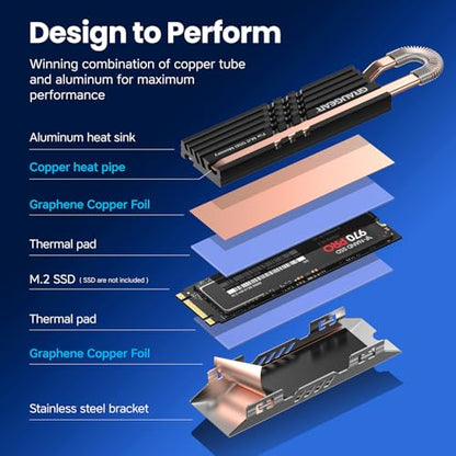 GRAUGEAR Heat Pipe Cooler for M.2 SSD Memory Extension, M.2 2280 NVMe SSD Heatsink, Pure Copper Heat Pipe, Premium Aluminum Plate-Fin Design, Thermally Conductive Graphite on Copper Foil