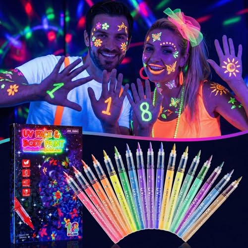 18 Packs Glow in the dark Party Supplies UV Neon Body Paint Pen,Washable Temporary Tattoo Markers for Holiday Glow Party Favors Bar Birthday Hawaii Concert Halloween Makeup Raves