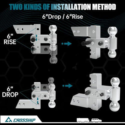 Adjustable Trailer Hitch - Heavy Duty Aluminum Drop Drawbar Hitch - Fits 2.5" Receiver, 6" Drop/Rise with 2" & 2-5/16" Solid Dual Balls 18,500 LBS GTW- for Truck, SUV, RV - color: Silver, size: 2.5" 6 Drop-Dual Ball