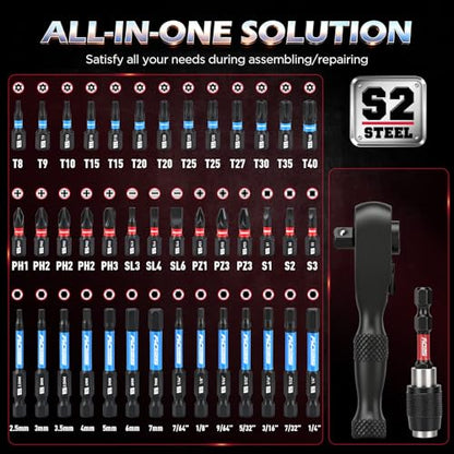 59-Piece Magnetic Nut Driver Bit Set, SAE and Metric Nut Drivers with Screwdriver Bits, Ratchet Wrench, Quick-Change Bit Holder and Storage Case for Automotive Repair, Home Repair and DIY Projects