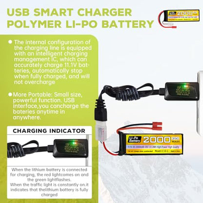 1PCS 3S Lipo Battery 11.1V 2000mAh 35C with 3.5mm Banana Head Plug with USB Charging Cable for RC Car Truck Boat Quadcopter FPV Drone Battery