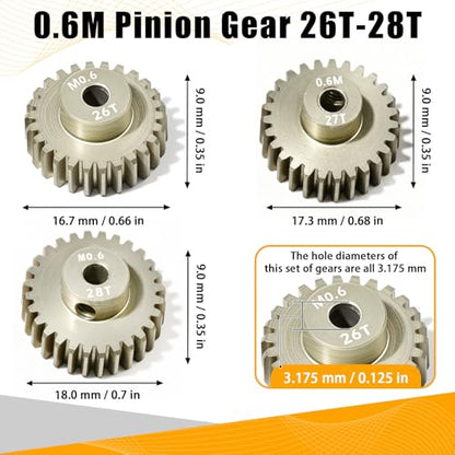 3PCS 0.6 Mod 0.6M Pinion Gear Set 26T 27T 28T, 7075 Aluminum Alloy RC Gears with 3.175mm Bore for 540 550 Brushed Brushless Motors, Fits for 1/10 Tamiya Redcat HSP HPI RC Cars - size: 26 27 28T