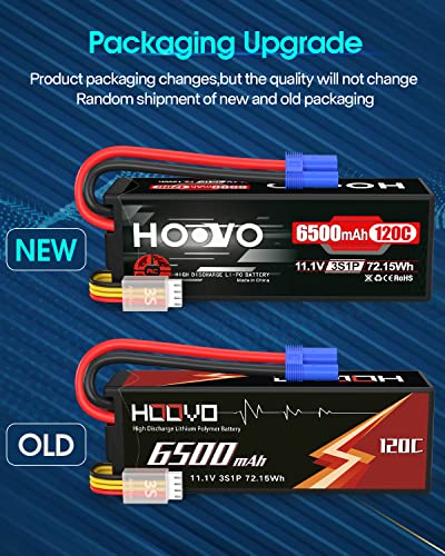 HOOVO 3S 11.1V Lipo Battery 6500mAh 120C RC Lipo Batteries EC5 Plug 2 Packs | Hard Case, Compatible with 1/8 1/10 Scale Vehicles RC Car Trucks Truggy Boats