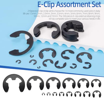 Glarks 211pcs 65Mn Steel E Clips Retaining Rings Assortment Set 14 Sizes E-Ring Circlip Rings Heat Treated External Retaining Clips E-Clips Retainer Circlip Rings with Tweezers for Gears