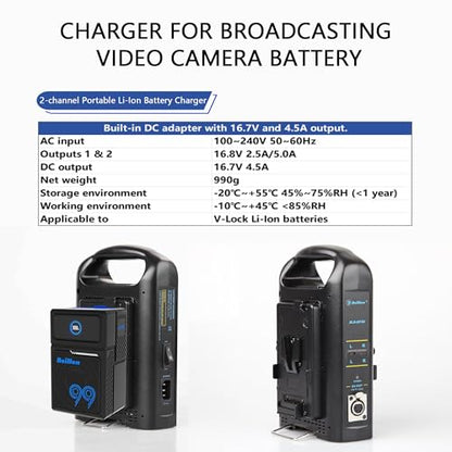 Dual Channel V-Mount/V Lock Battery Charger Compatible with 14.4V/14.8V V-Mount Batteries, 2.5A/5A Charge Current, Built-in DC Adapter with 16.7V /4.5A Output.