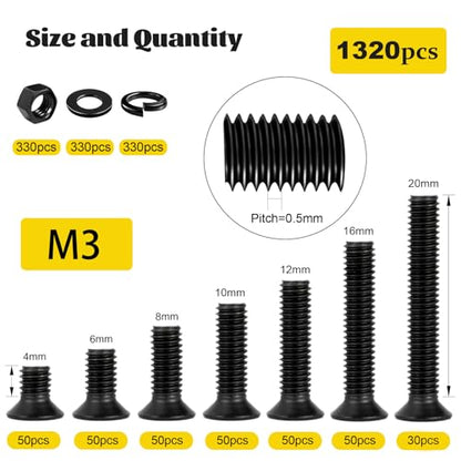 1320pcs M3 Countersunk Screws Assortment Kit, M3x4/6/8/10/12/16/20 mm Phillips Flat Head Bolts and Nut Assorted Set, Machine Screws Grade 8.8 Alloy Steel Black Zinc Plated - size: M3 1320pcs
