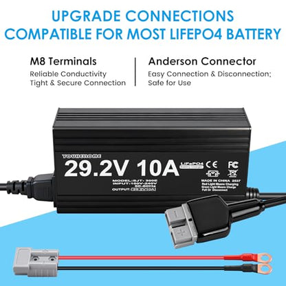 24V(29.2V Max) 10A Lithium Battery Charger for LiFePO4 Deep Cycle Rechargeable Battery Multi Safety Protections Smart Charger with Anderson Connector LED Indicator and 11 AWG M8 Adapter Cable