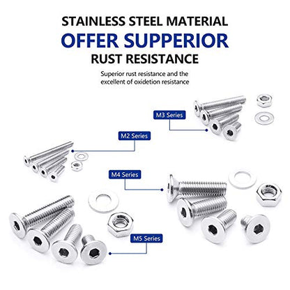NINDEJIN 880Pcs M2 M3 M4 M5 Stainless Steel Precise Metric Hex Socket Head Cap Machine Screws,Round Flat Socket Bolts and Nuts Set and Washers Assortment Kit +Wrench (Flat Head Cap) - size: 880 Hex Flat Head Socket Screws Nuts