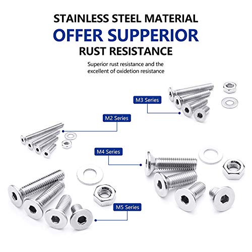 NINDEJIN 880Pcs M2 M3 M4 M5 Stainless Steel Precise Metric Hex Socket Head Cap Machine Screws,Round Flat Socket Bolts and Nuts Set and Washers Assortment Kit +Wrench (Flat Head Cap) | 304 Stainless Steel, Bolts Nuts Flat Washers Screw Set, Corrosion Resi