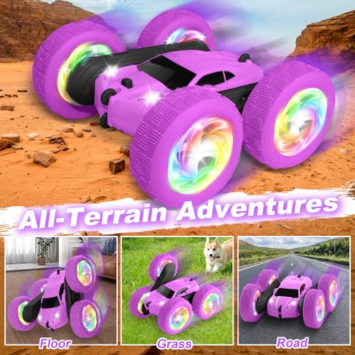 Remote Control Car, Outdoor Toys RC Cars for Kids Ages 6-12, 4WD Double Sided Stunt Vehicle with Upgraded USB-C Modular Batteries, 5 6 7 8 9 10+ Year Old Boy Birthday Purple - color: Purple