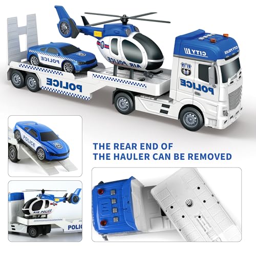 Dwi Dowellin Toddler Boy Toys for 3 4 5 6 Year Old, 25" Semi Truck Toy with Racing Car and Helicopter - Police Toys,Birthday Gifts for Kids Child 2 3 4 5 6 Years Old - style: Police Truck