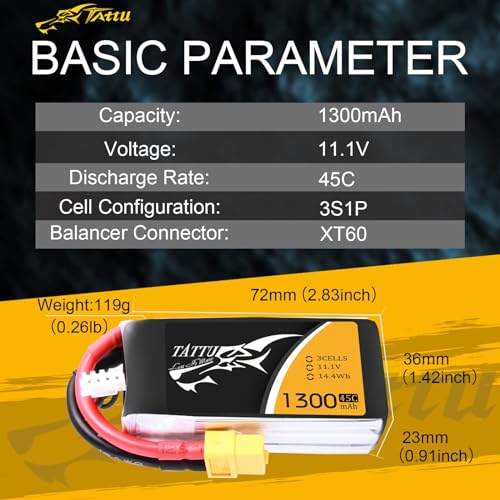 TATTU LiPo Battery Pack 1300mAh 45C 3S 11.1V with XT60 Plug(2 Pcs) - size: 2 Pcs