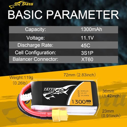 TATTU LiPo Battery Pack 1300mAh 45C 3S 11.1V with XT60 Plug(2 Pcs) - size: 2 Pcs