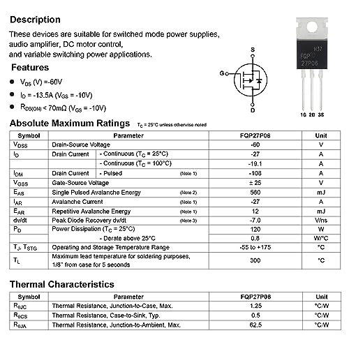 FQP27P06 MOSFET Transistors 27A 60V 27P06 P-Channel Power Mosfets Transistor 27 Amp 60 Volt TO-220 (Pack of 10pcs) - style: FQP27P06