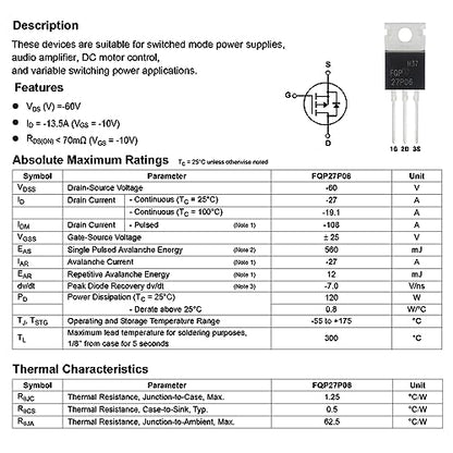 FQP27P06 MOSFET Transistors 27A 60V 27P06 P-Channel Power Mosfets Transistor 27 Amp 60 Volt TO-220 (Pack of 10pcs) - style: FQP27P06