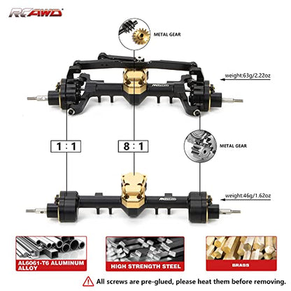 RCAWD CNC Machined Aluminum Alloy Front and Rear Portal Axle Housing w/Steel Gears&Brass Worm Gears&Brass Third Member Housing&Brass Hex for Axial 1-24 Scx24 Crawlers(Black) - color: Black