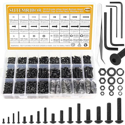 2180 Pieces Black M2 M3 M4 M5 Button Head Socket Cap Screws Nuts Washers Assortment Kit, Metric Screw Assortment with Hex Wrenches, 10.9 Grade Alloy Steel, Fully Threaded - size: M2/M3/M4/M5, style: Button Head Socket Cap