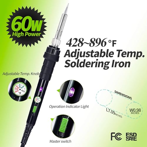 YIHUA 947-III 60W Soldering Iron Kit Adjustable Temperature with Sticky Holder, Tip Cleaner, Cleaning Sponge Power Switch, Operation Indicator, Portable Soldering Kit - style: Soldering Iron Kit (Analog)