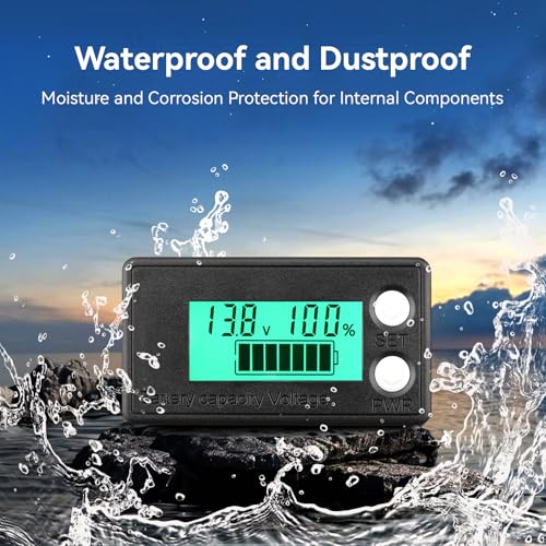 DROK Waterproof Battery Monitor 12V 24V 36V 48V 72V Battery Meter 8-100V, Capacity Tester LCD Display with Green Backlight, Fit for Car Golf Cart RV Marine - color: Green