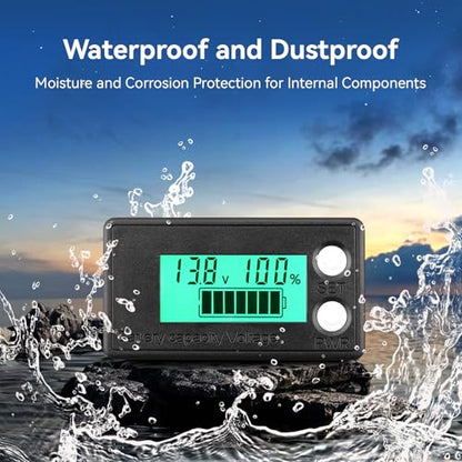 DROK Waterproof Battery Monitor 12V 24V 36V 48V 72V Battery Meter 8-100V, Capacity Tester LCD Display with Green Backlight, Fit for Car Golf Cart RV Marine - color: Green