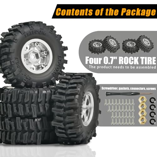 0.7” FS6 Super Soft Rubber Tires & CNC -1mm Offset Aluminum Beadlock Rims, 40×16mm Micro Crawler Wheels Tires Set for Axial SCX30 Redcat Ascent-32 1/30–1/32 RC Crawler, 4PCS Silver - color: Silver